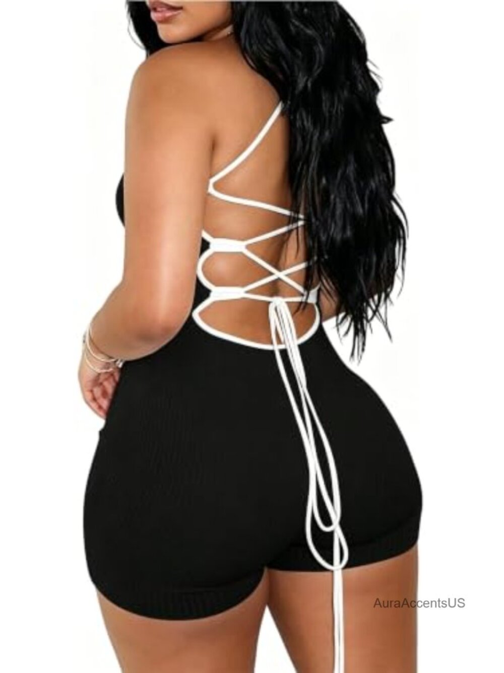 Backless Romper Bodysuit Sleeveless Rib Knit Criss Cross Tie Open Back